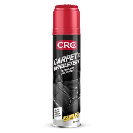 CRC Carpet & Upholstery Cleaner 550ml, a versatile stain remover for carpets, seats, and more; foaming spray and brush lid included.