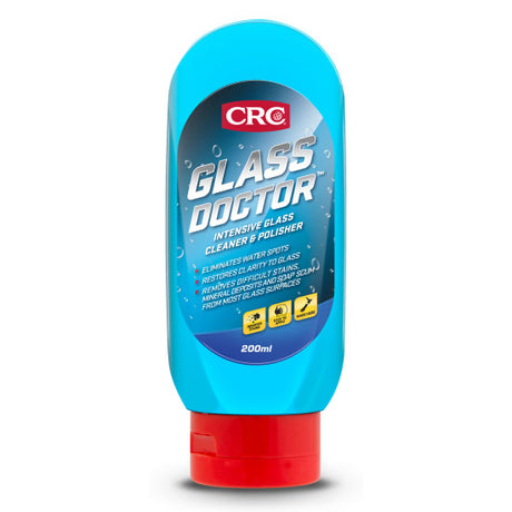 CRC Glass Doctor 200ml glass cleaner, perfect for restoring shine on windows, mirrors, and various glass surfaces without residue.