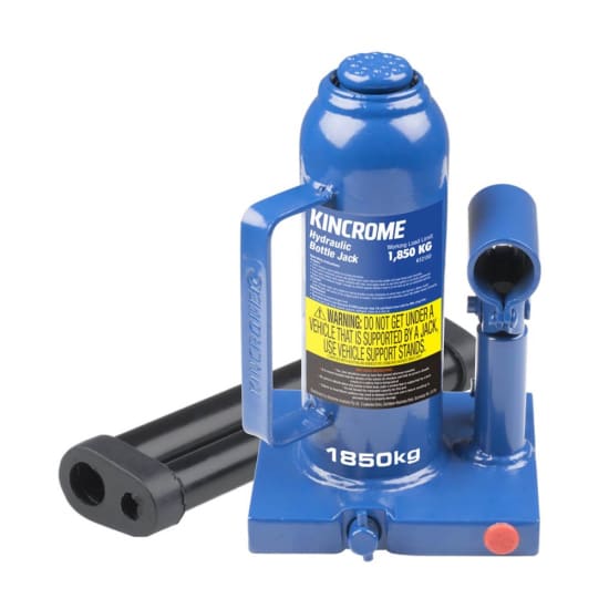 Kincrome Hydraulic Bottle Jack 1850kg with strong steel base and double seal design for heavy lifting up to 1,850kg.