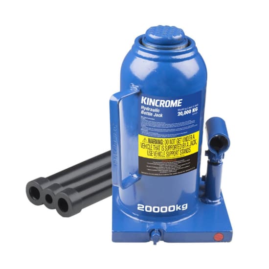 Kincrome Hydraulic Bottle Jack lifting 20,000kg, featuring a welded design, secure double seals, and a heavy-duty steel base.