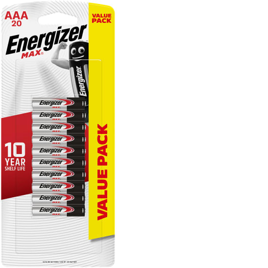 Energizer Max AAA batteries pack of 20, long-lasting power for devices with Power Seal technology, safe from leaks for 2 years.