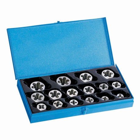 16-piece Sutton Die Nut Set in heavy-duty case, crafted from Carbon Alloy Steel for effective thread cleaning and resizing.