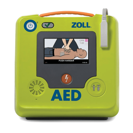 ZOLL AED 3 Automatic Defibrillator features Real CPR Help, touchscreen, versatile Uni-padz for adults and children, and vivid display.