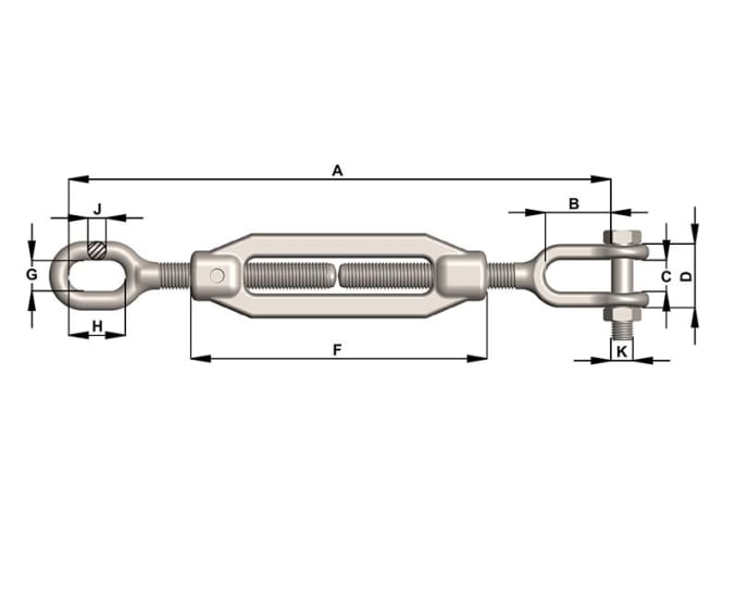 Galvanised 16mm turnbuckle clevis and eye for tensioning and length adjustment in engineering applications, M16 size, 0.75t WLL.