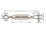Galvanised 16mm turnbuckle clevis and eye for tensioning and length adjustment in engineering applications, M16 size, 0.75t WLL.