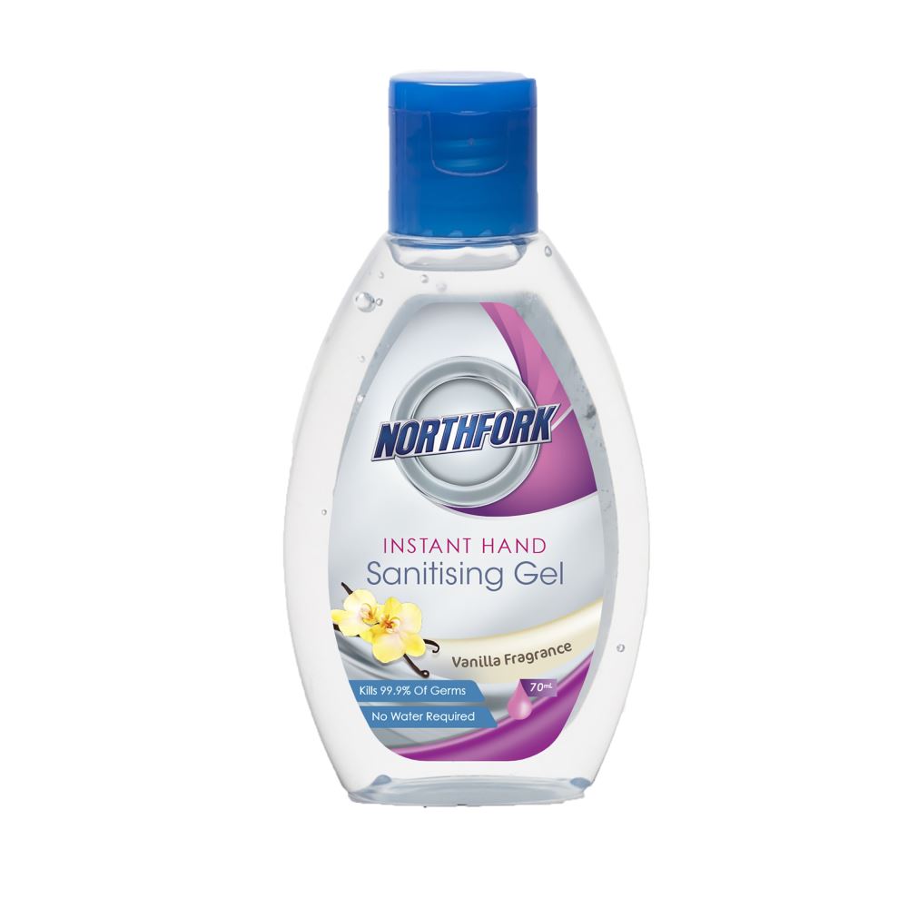 Northfork Instant Hand Sanitising Gel 70ml: kills 99.9% of germs, quick-drying, vanilla-scented, keeps hands soft and nourished.