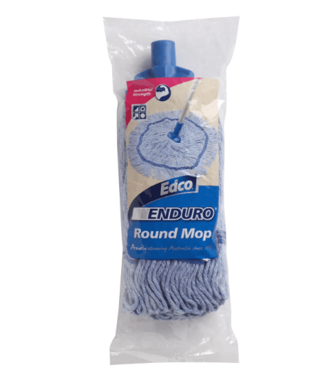 Edco Enduro Blue mop head, 350G/27cm, features anti-tangle design, looped ends, and meets healthcare compliance standards.