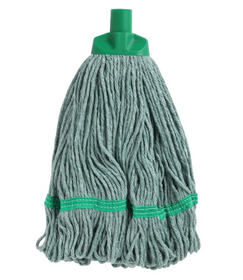 Ultra-durable Edco Enduro Green mop head, 350g cotton, looped end, angled tail, ideal for healthcare and commercial cleaning.