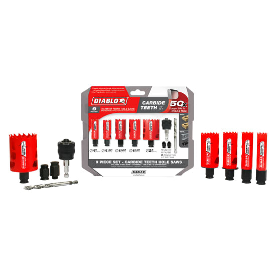 Diablo 9-Piece Carbide Holesaw Set with diameters 25-51mm for efficient cutting through wood, metal, and plastics.