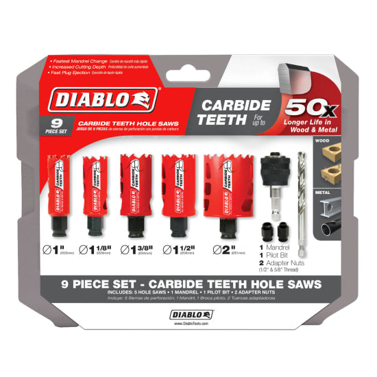 Diablo 9-Piece Carbide Holesaw Set with cups for cutting wood, metal, and plastic; features tool-free plug ejection and SnapLock PLUS.