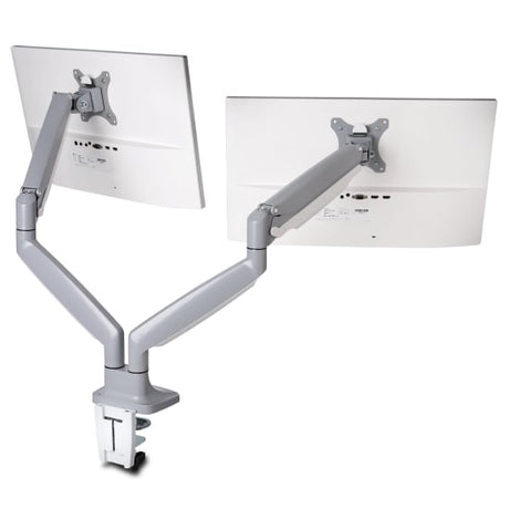 Grey dual monitor arm with gas spring, 180° swivel, +/-90° tilt, ergonomic height adjustment, and cable management system.