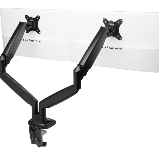 Kensington SmartFit Touch Dual Monitor Arm in black, supporting monitors up to 32" with ergonomic height adjustment and swivel options.