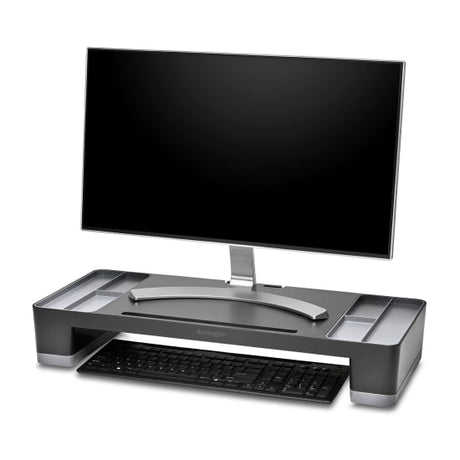 Kensington Organising Monitor Riser in black with adjustable height, built-in storage, and ergonomic design for a comfortable workspace.