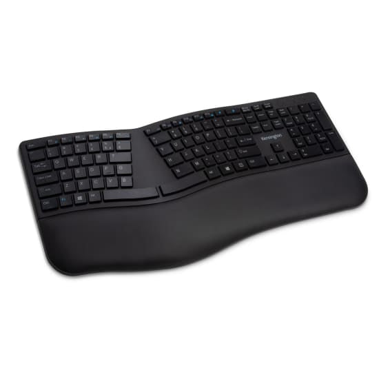 Kensington Dual Wireless Ergo Keyboard in black with split layout, adjustable tilt, built-in wrist rest, and dual wireless connectivity.