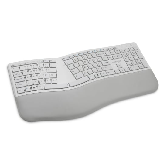 Ergonomic grey wireless keyboard with split layout, adjustable tilt, and built-in wrist rest for optimal comfort and productivity.