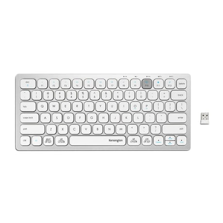 Sleek silver Kensington Dual Wireless Keyboard for seamless multi-device connectivity and whisper-quiet typing experience.