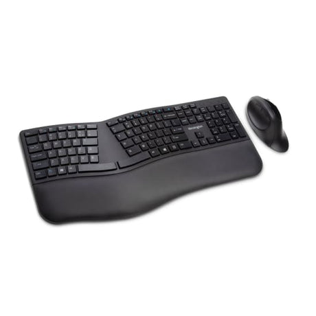 Kensington Dual Wireless Ergo Desktop Set in black features ergonomic keyboard and mouse for comfort and multi-device connectivity.