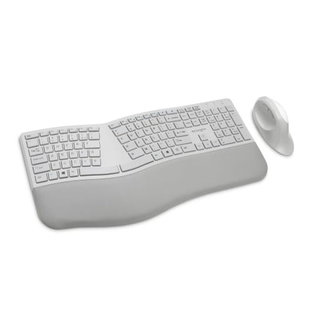 Kensington dual wireless ergonomic desktop set in grey with split keyboard, wrist support, and wireless mouse for comfortable use.