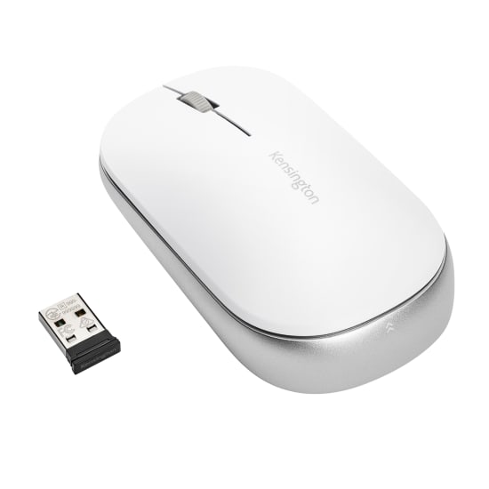 Kensington SureTrack Bluetooth Mouse in white/silver, offering precision tracking, 3 DPI settings, and ambidextrous design.