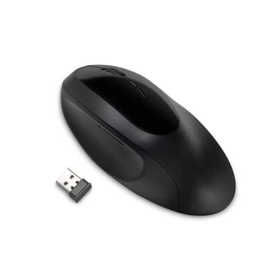 Kensington Dual Wireless Ergo Mouse in Black with ergonomic design, built-in wrist support, dual connectivity, and quiet clicking.