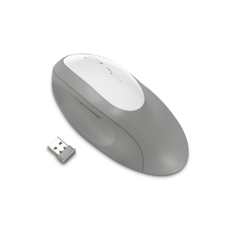 Ergonomic grey wireless mouse with wrist support, quiet clicking, and dual 2.4 GHz/Bluetooth connectivity for productivity.