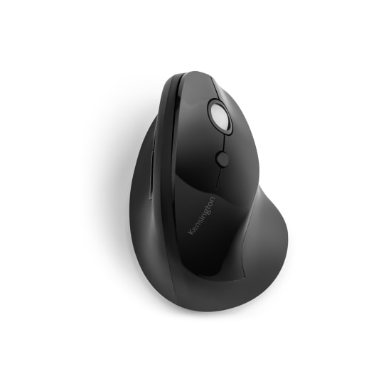 Ergonomic black wireless mouse promoting natural handshake position, features include scroll wheel, DPI buttons, and nano receiver storage.