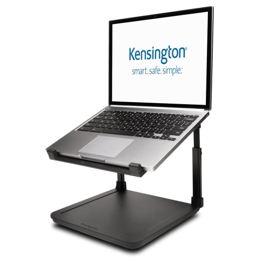 Kensington Smartfit Laptop Riser in black, adjustable height for ergonomic comfort, fits laptops up to 15.6 inches and aids cable management.