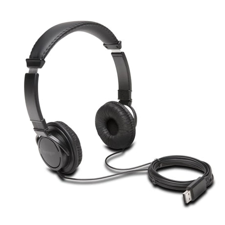 Kensington USB-A headphones with 40mm drivers, plush ear pads, and adjustable headband for comfort in work and play.