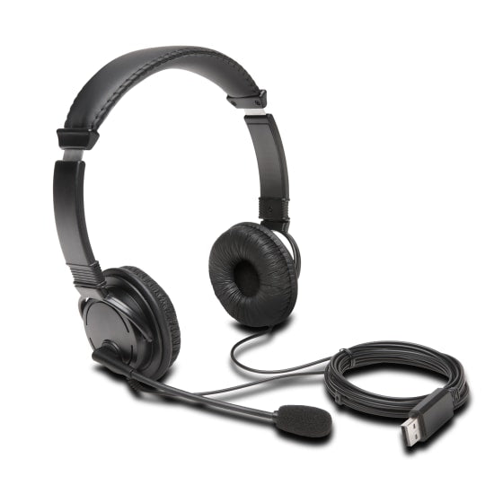 Kensington USB-A headphones with a noise-canceling mic, featuring cushioned ear pads and 40mm drivers for superior sound quality.