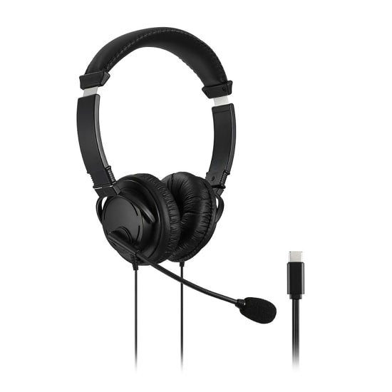 Kensington Hi-Fi USB-C headphones with microphone, featuring 40mm drivers, adjustable headband, and 6-foot cord for versatile use.