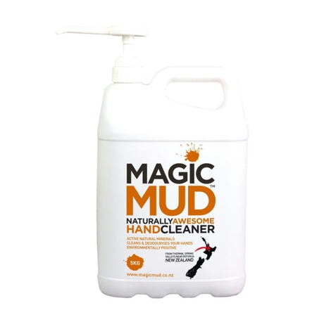 Image of a 5kg pump of Magic Mud hand cleaner, made from 100% natural ingredients for removing tough grime and odors.