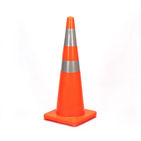 High-visibility 900mm road cone weighing 4.2kg, ideal for traffic management and road safety with reflective collars.