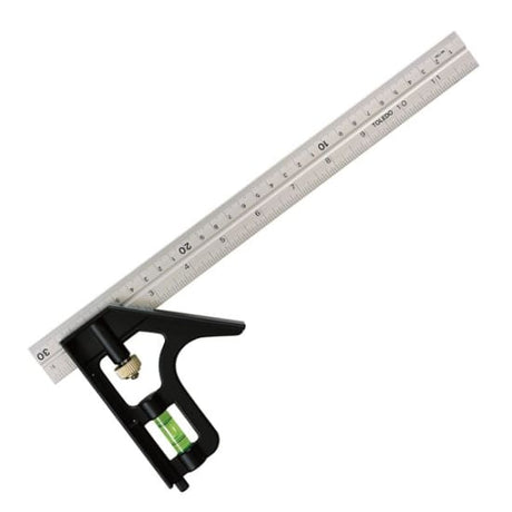 Adjustable combination square with 300mm blade, spirit level, and stainless steel construction for accurate measuring and marking.