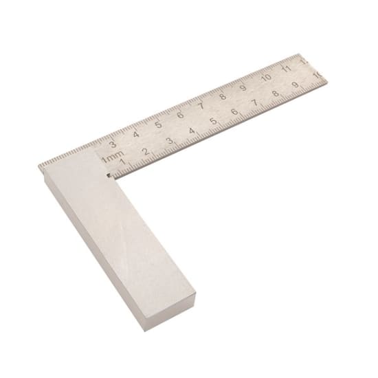 Precision engineering square, 100mm, with metric and imperial graduations for accurate right angles in carpentry and engineering.