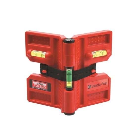 Magnetic post level tool with click-lock mechanism, four magnets, and elastic strap for accurate alignment in any project.