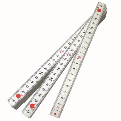 Double-sided fibreglass folding rule, 2000mm, featuring clear millimetre graduations and sturdy fix joint for precise measurements.