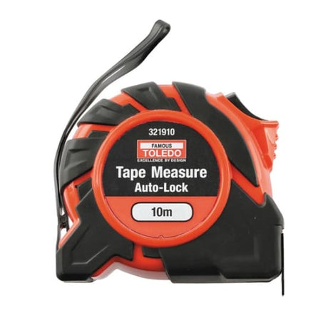 Heavy-duty 10m tape measure with double-sided metric graduations, auto lock, and ergonomic design for easy handling and safety.