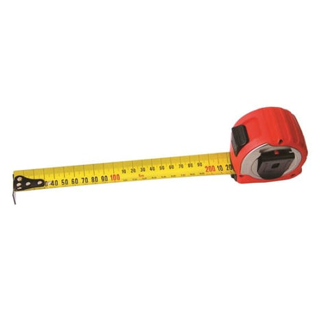 Steel Wide Blade Metric 5m tape measure with stainless steel shell, nylon-coated blade, and rubber casing for durability.