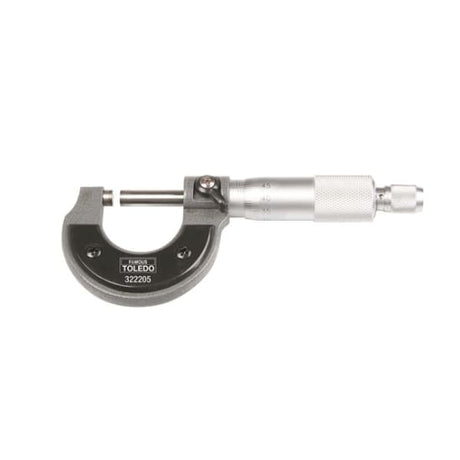 Metric Analogue Micrometer-0.01x0-25mm with carbide-tipped faces, knurled thimble for precision measuring, and glare-free design.