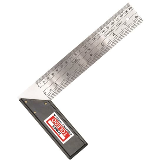 Stainless steel mitre square, 150mm, with metric and SAE markings, ideal for precise angle measurement in carpentry.