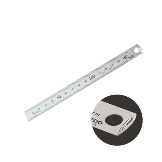 Stainless steel metric ruler, 150mm long, single-sided with clear graduations, bent edge for easy retrieval, ideal for precision measuring.