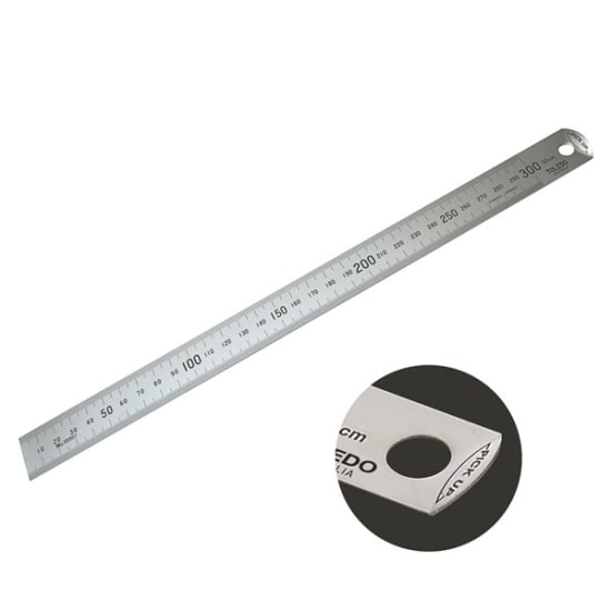 Stainless steel 300mm single-sided ruler with precise graduations, easy pick-up edge, and square/round ends for versatility.