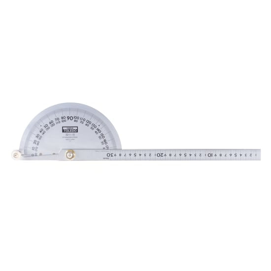 Professional stainless steel protractor with double blades, easy-to-read graduations, and center lock nut for precise angle measurements.