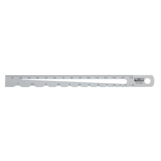 Radius Scale 0.5-7mm: Compact stainless steel tool for precise radius and diameter measurements, featuring a 150mm ruler.