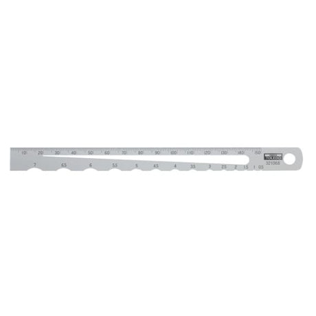 Radius Scale 0.5-7mm: Compact stainless steel tool for precise radius and diameter measurements, featuring a 150mm ruler.