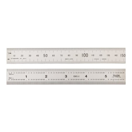 Double-sided stainless steel ruler measuring 150mm with metric and imperial graduations for precise measurements.