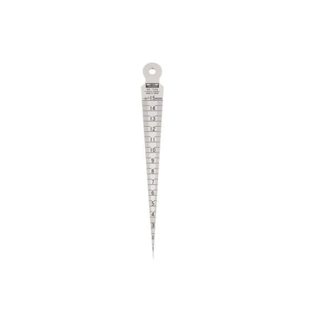 Taper gauge with hanger hole measuring internal diameters, features etched markings, satin chrome finish, 1-15mm range.