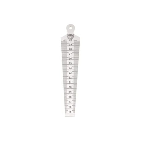 Taper gauge measuring 15-30mm with hanger hole, featuring etched markings and a durable satin chrome finish for precision.