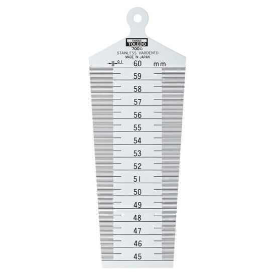 Precision taper gauge with hanger hole, measuring internal diameters 45-60mm, features etched markings and durable stainless steel.