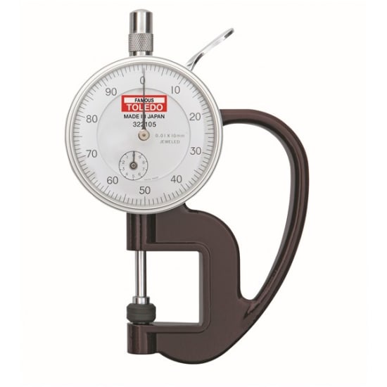 High-precision thickness gauge with lever operation for measuring small dimensions in various materials, made in Japan.